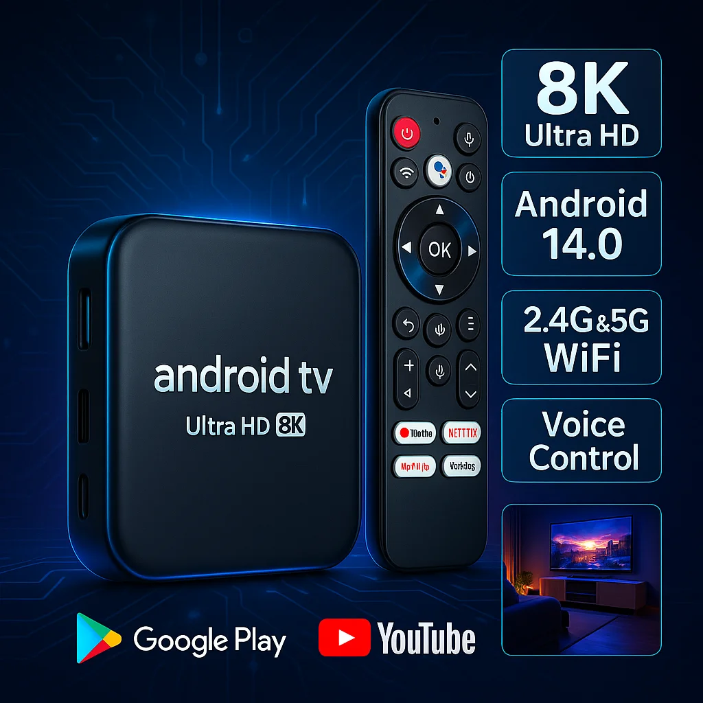 Android 14 TV Box RK3518 Lettore multimediale intelligente Ultra HD 8K con WiFi 6 BT 5.4 Controllo vocale Google Play Set top box YouTube Netflix