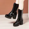 10 cm kleine Größe 32–43 Herbst Winter echtes Leder Stiefel Plateauschuhe Damen Block High Heels Mittelbein Stiefel Büromodell