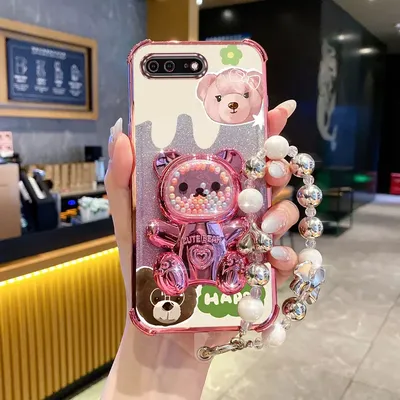 Pearl Strap Lanyard Glitter Happy Bear Phone Holder Case On For iPhone 8 Plus 7 6 6s Plus Se 2020 7plus 8plus Stand Back Cover