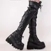 Frauen Overknee Stiefel Keile Lange Stiefel Gothic Oberschenkel Hohe Stiefel Schwarz Gürtel Schnalle Motorrad Boot Punk Plattform Frauen Boot