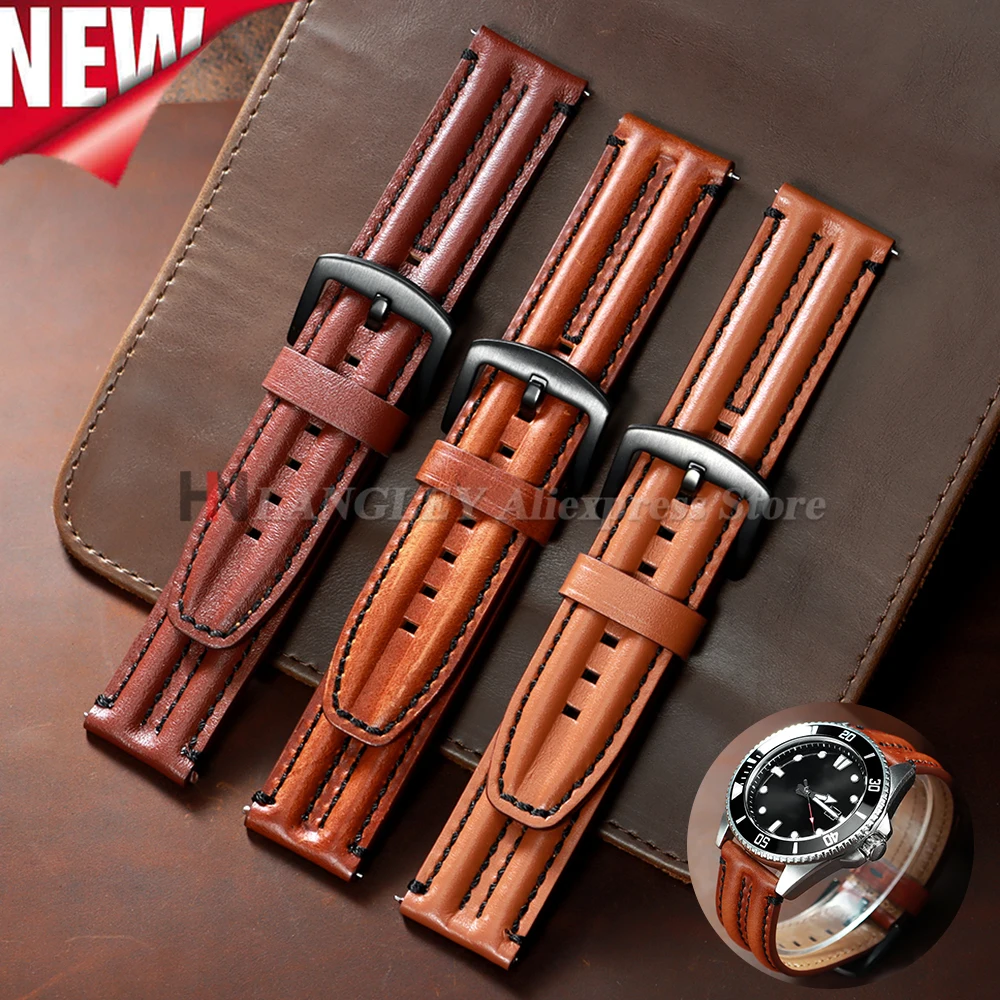 Retro-Uhrenarmband aus echtem Leder für Seiko für Omega 20 mm, 22 mm, 24 mm, Rindsleder, robustes Doppelknochenband, Herren- und Damenzubehör Image