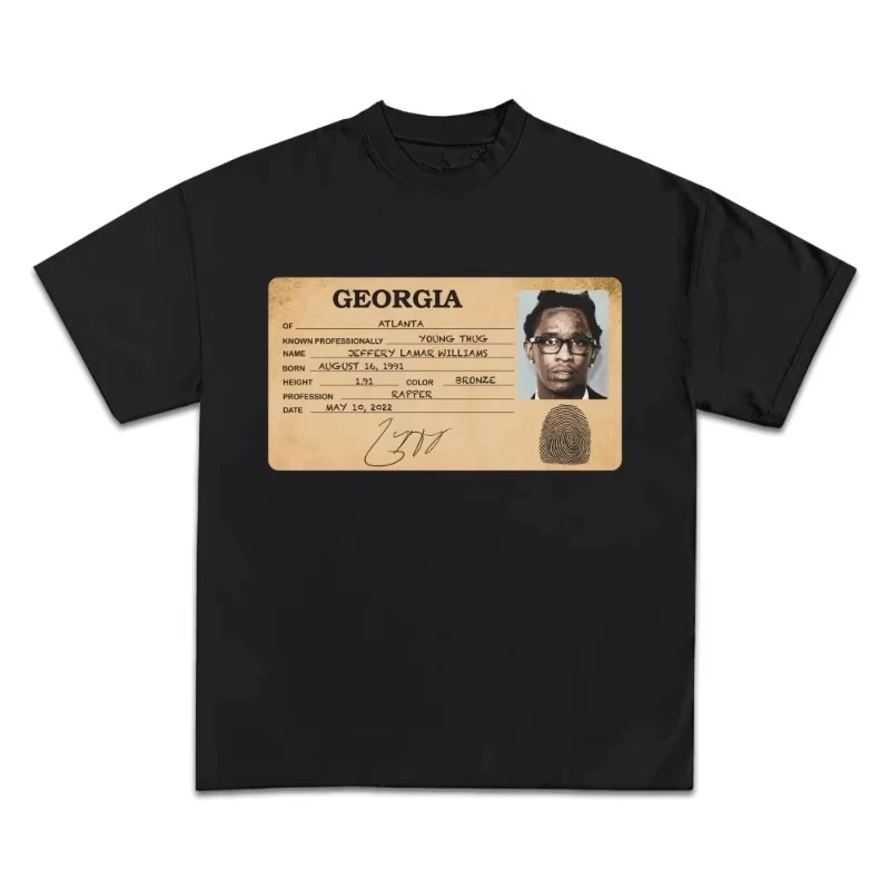 Who's Young Thug Grafikdruck Baumwoll-T-Shirt Rundhalsausschnitt Hochwertige Kurzarm Casual Streetwear Y2k Herrenbekleidung Streetwear