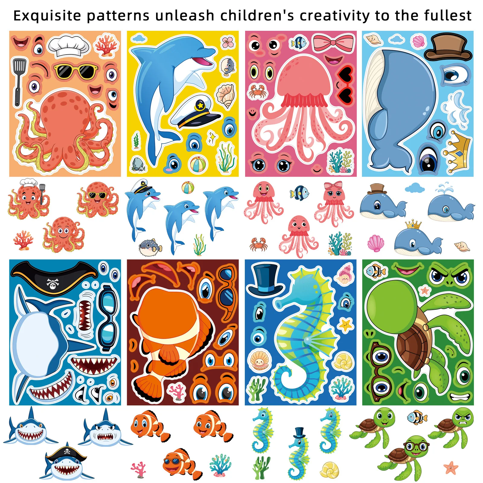 8 Blatt DIY Ozean Tier Puzzle Aufkleber Set für Kinder Kreative Puzzle Aufkleber Oktopus Hai Krabbe Designs Kinderspielzeug Geschenk Image