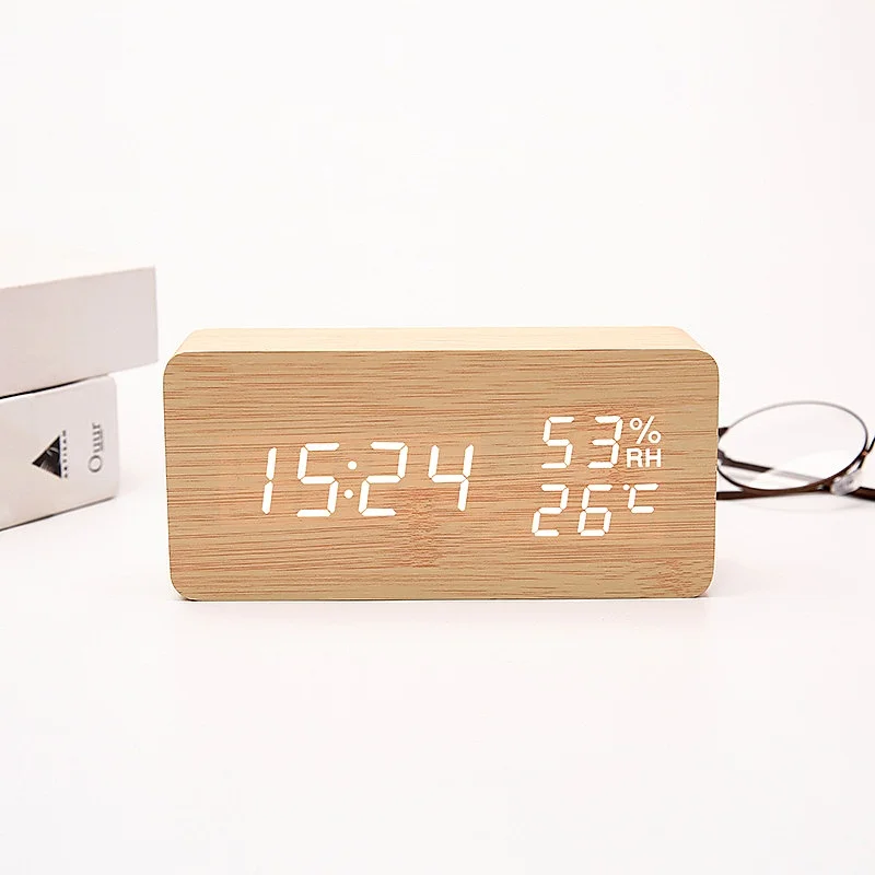 Voice Control Wood Digital Alarm Clock TEMP Humidity Date Night Mode Table Clock 3 Alarms Power Outage Memory 12/24H LED Clock