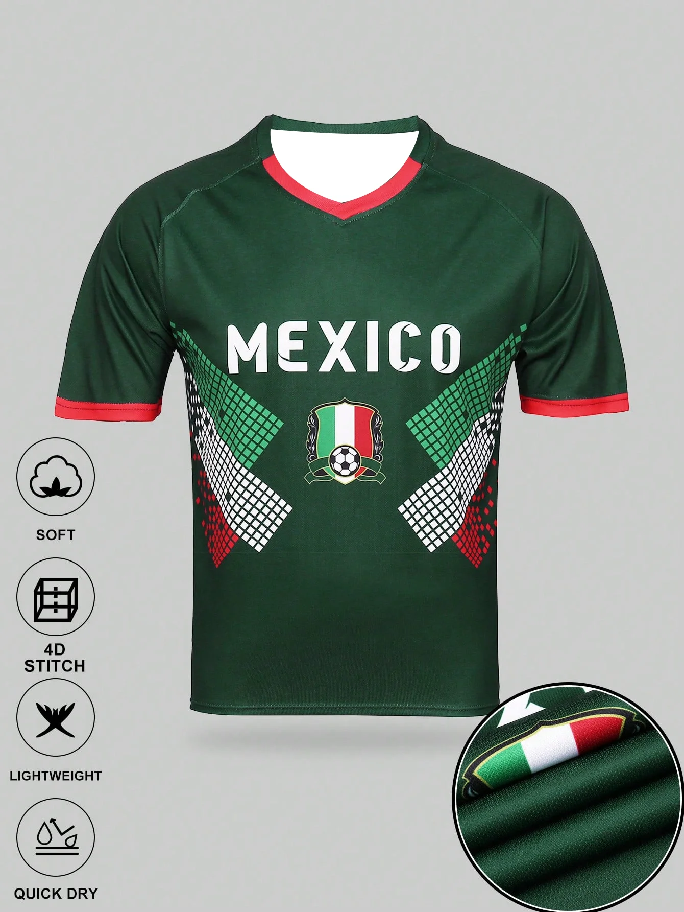 Mexico Soccer Jersey - Green with Red Accents "MEXICO" Print National Emblem Soft & Quick - Dry Ideal for Fans