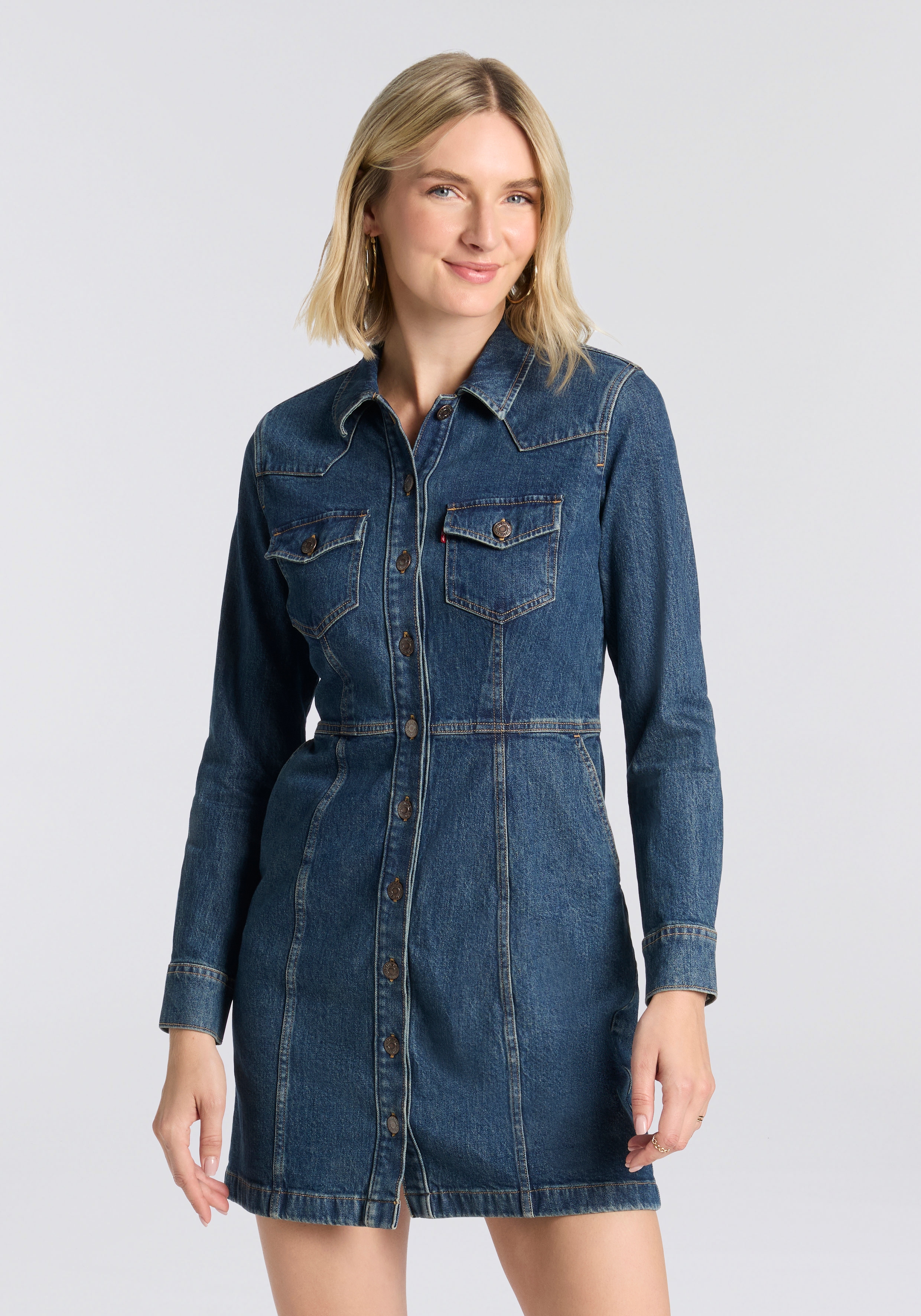 Jeanskleid LEVI'S "FLYNN WESTERN COR", Damen, Gr. M (38), N-Gr, there we go, Denim/Jeans, Obermaterial: 99% Baumwolle, 1% Elasthan, figurbetont ca. Mitte Oberschenkel, Manschette, Kleider, Western-Style Image