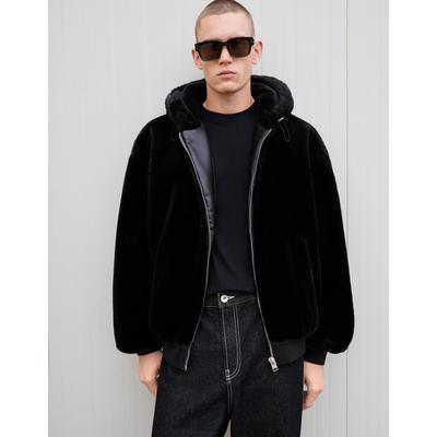 Bershka Hooded Faux Fur Jacket Men Xs Black