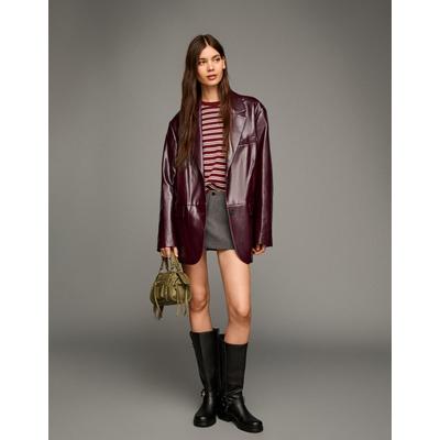Bershka Oversize Faux Leather Blazer Women Xs Burgundy