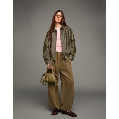 Bershka Faux Leather Bomber Jacket With Belt Women M Khaki