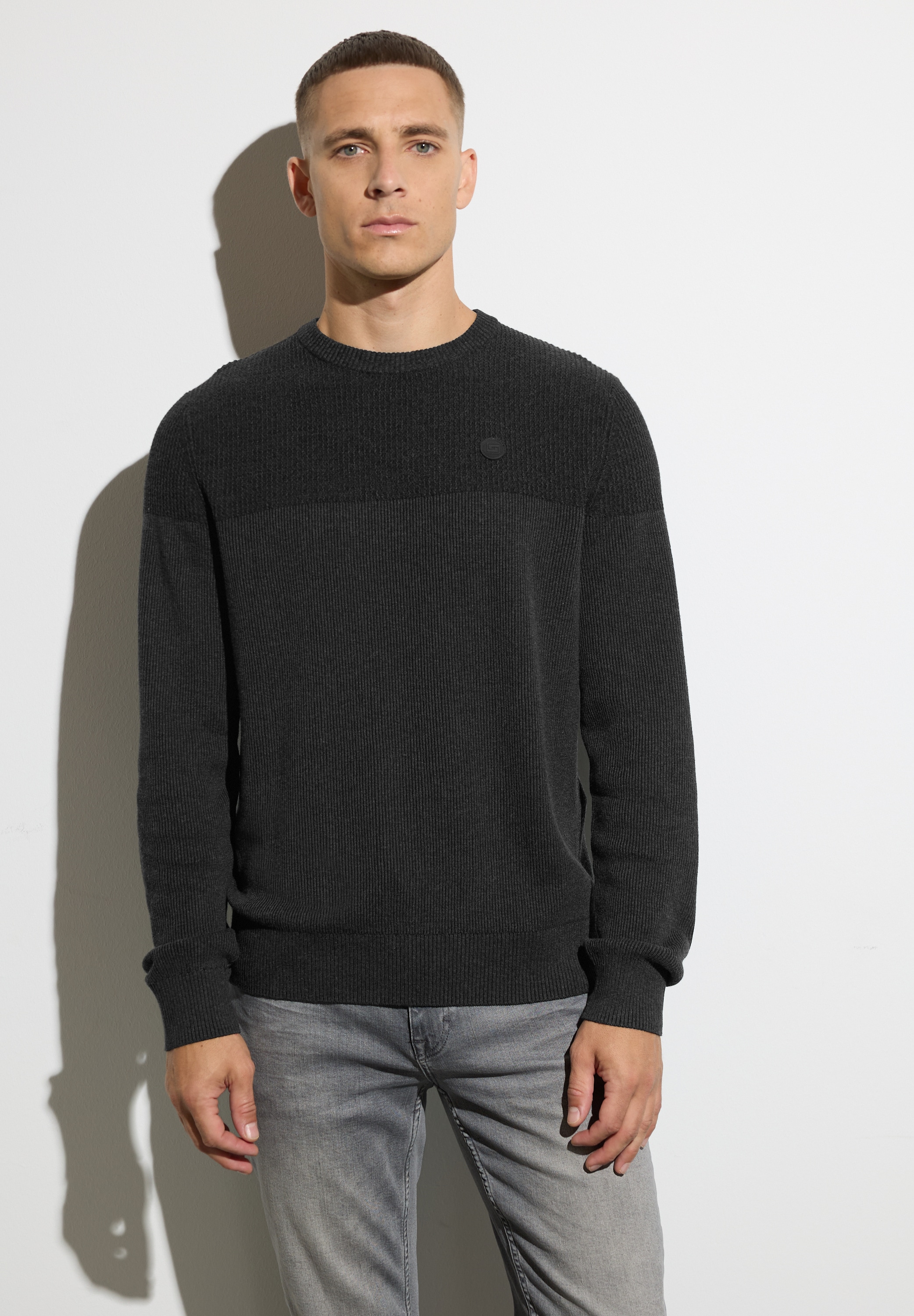 Strickpullover STREET ONE MEN, Herren, Gr. L42, grau (anthra grau melange), Web, 100% Baumwolle, unifarben, normal normal, Rundhals, Bündchen, Pullover, aus reiner Baumwolle Image