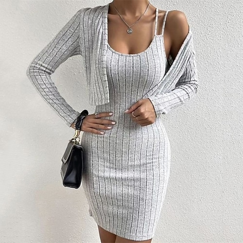 Femmes Robe Midi Robe Pull Robe Décontractée Robe Ensemble Mode Moderne Quotidien Date Week-end Coupe régulière Uni manche longue Col ras du cou Noir Blanche Gris Clair Automne Hiver