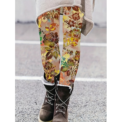 Damen Leggings Vintage Mode Streetwear Volle Länge Hohe Taille Blumen Grafik Drucken Thermowarm Weich Atmungsaktiv Dehnbar Urlaub Straße Schwarz Gelb Orange Grün Frühling Herbst Winter Schmale Image