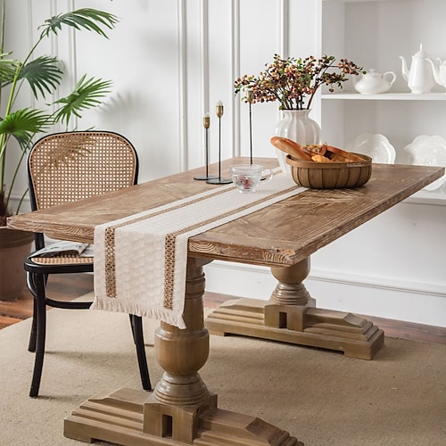 Tischläufer aus Baumwollleinen im amerikanischen Stil, gestreifter zweifarbiger Webstoff mit Quasten, Weihnachtsdekoration aus Naturmaterial Image