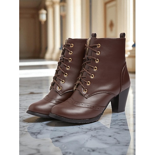 Vintage-Schnürstiefeletten im viktorianischen und edwardianischen Stil – braune Brogue-Stiefeletten aus Kunstleder mit runder Zehenpartie und Absatz für Retro-Outfits, Alltagskleidung und Herbstmode Image