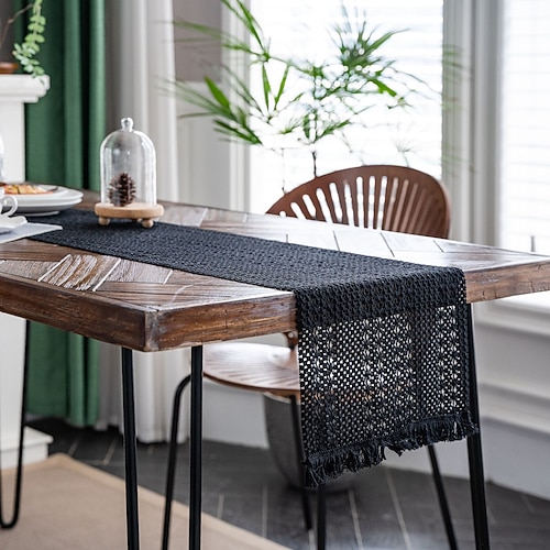 Tischläufer aus Baumwollleinen im amerikanischen Stil, gestreifter zweifarbiger Webstoff mit Quasten, Weihnachtsdekoration aus Naturmaterial Image