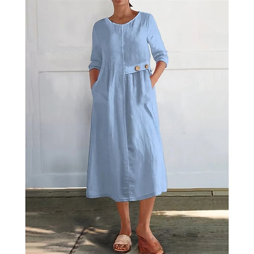 Damen Langes Kleid Maxikleid Freizeitkleid Baumwoll-Leinenkleid Mode Modern Täglich Date Wochenende Normale Passform Einfach Langarm Rundhalsausschnitt Schwarz Weiß Rote Khaki Frühling Herbst Image