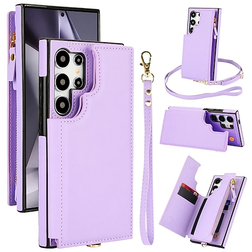 Handy Hülle Handyhüllen Für Samsung Galaxy S26 Ultra Plus S25 S24 S23 S22 Plus Ultra A16 A55 5G A14 A54 A53 Rückseite mit Trageriemen Ständer Kartenfach Retro TPU PU-Leder Image