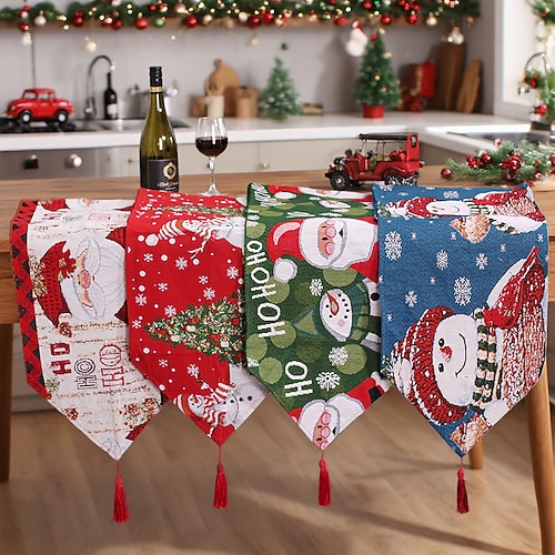 Mingguan neuer 180 cm gestrickter Quasten-Cartoon-Tischläufer, Weihnachten, Weihnachtsmann Schneemann-Tischdecke, Esstischdekoration und Wärmedämmmatte Image