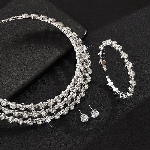 Brautschmuck-Sets 3 Zirkon 1 Halskette Ohrringe Armbänder Damen Elegant Stilvoll Einzigartiges Design Lieblich Geschichtet Liebe Kostbar Schmuck-Set Für Hochzeit Weihnachten Geburtstag Image