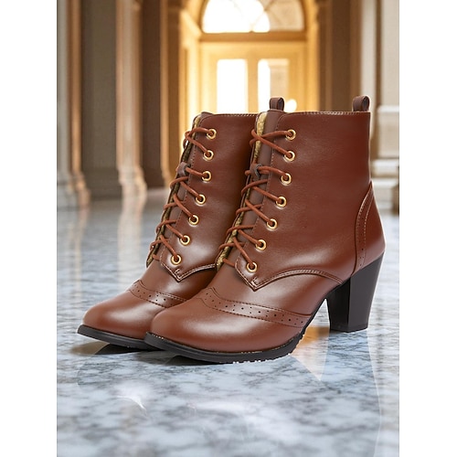 Vintage-Schnürstiefeletten im viktorianischen und edwardianischen Stil – braune Brogue-Stiefeletten aus Kunstleder mit runder Zehenpartie und Absatz für Retro-Outfits, Alltagskleidung und Herbstmode Image