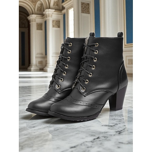 Vintage-Schnürstiefeletten im viktorianischen und edwardianischen Stil – braune Brogue-Stiefeletten aus Kunstleder mit runder Zehenpartie und Absatz für Retro-Outfits, Alltagskleidung und Herbstmode Image