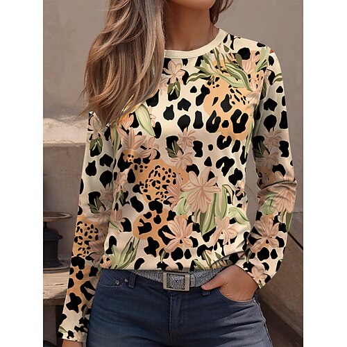 Damen T Shirt Druck Grafik Leopard Geometrisch Vintage Mode Stilvoll Langarm Rundhalsausschnitt Normale Oberteile Täglich Wochenende Blau Rosa Purpur Grün Khaki Frühling Herbst Image