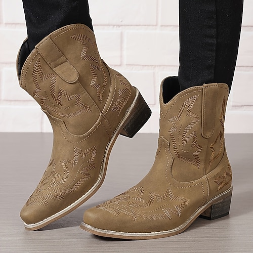 Damen Stiefel Cowboystiefel Outdoor Urlaub Täglich Stiefeletten Stickerei Flacher Absatz Runde Zehe Bohemien Urlaub Vintage Kunstleder Elastisches Band Schwarz Rosa Rot Image