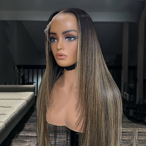 100 % unverarbeitetes brasilianisches Echthaar, klebefrei, 5 x 5 Lace-Closure, Echthaarperücken, 13 x 4 Lace-Front-Perücke, Mittelscheitel, gestufter Haarschnitt, glatte blonde Perücke, natürlicher Image