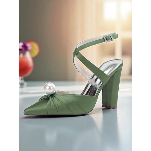 Damen-Pumps mit blauem Satin-Blockabsatz, Perlendetail und Knöchelriemen – elegante spitze Schuhe für formelle Anlässe und Cocktailpartys Image