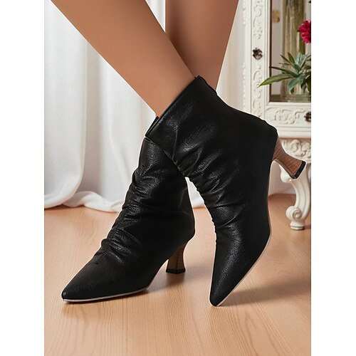 Schwarze Damenstiefeletten aus Kunstleder mit spitzer Spitze, gerüschtem Design und Kitten Heels – elegante Stiefeletten im Vintage-Stil für herbstliche Büro-Outfits und Abendgarderobe Image