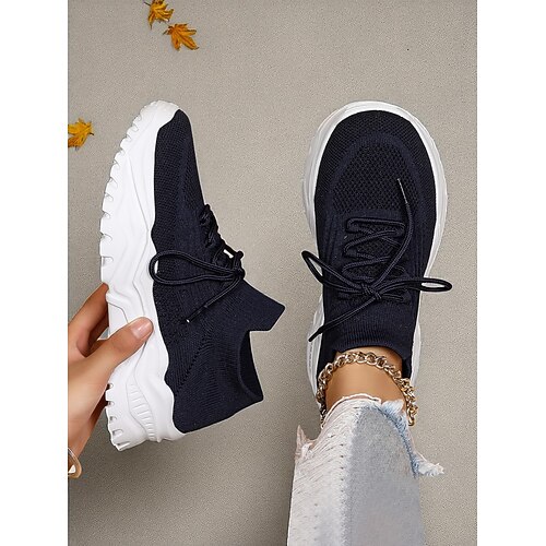 Rote Flyknit-Sneaker mit dicker Sohle für Damen – atmungsaktive Sportschuhe zum Schnüren für lässige Streetwear und Fitnesstraining Image