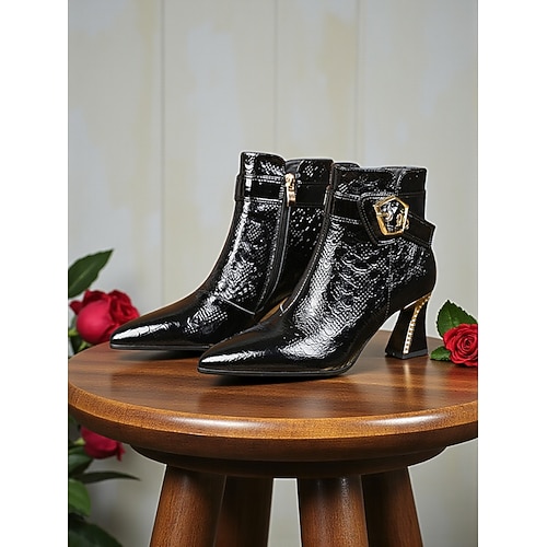 Rote Damenstiefeletten aus echtem Leder mit goldener Schnalle und Absatz, luxuriöse Stiefeletten mit spitzer Zehenpartie für modische Abendpartys und urbane Dinner-Outfits Image