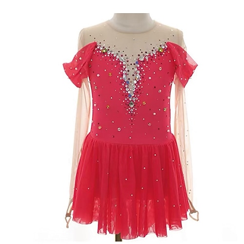 Eiskunstlaufkleid Damen Mädchen Eislaufen Kleid Dunkelrosa Patchwork Daumenloch Netzstoff Spandex Dehnbar Training Übung Professionell Eiskunstlaufkleidung Thermowarm Kristall / Strass Langarm Image