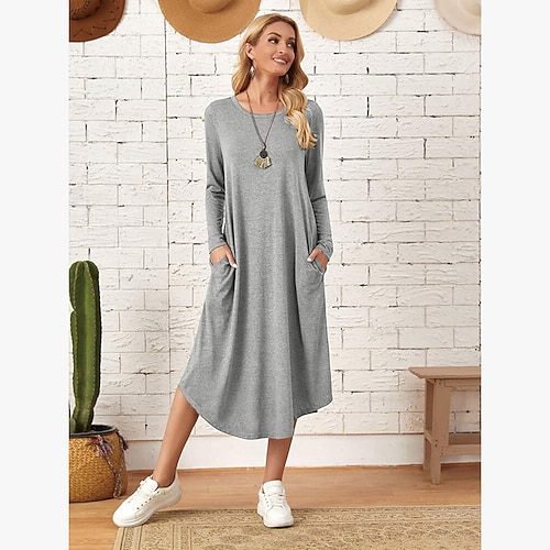 Damen Midikleid T-Shirt-Kleid Shiftkleid Lässig Boho Täglich Sport Ausgehen Lässiger Schnitt Einfach Langarm Rundhalsausschnitt Schwarz Rote Blau Grau Frühling Herbst Winter Image