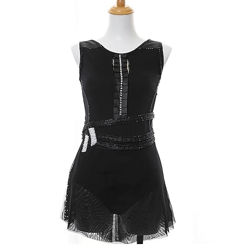Eiskunstlaufkleid Damen Mädchen Eislaufen Kleid Schwarz Patchwork Offener Rücken Netzstoff Spandex Dehnbar Training Übung Professionell Eiskunstlaufkleidung Thermowarm Kristall / Strass Ärmellos Image