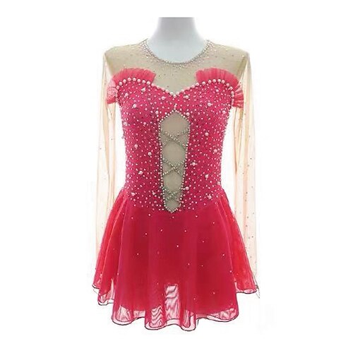 Eiskunstlaufkleid Damen Mädchen Eislaufen Kleid Dunkelrosa Patchwork Daumenloch Netzstoff Spandex Dehnbar Training Übung Professionell Eiskunstlaufkleidung Thermowarm Kristall / Strass Langarm Image