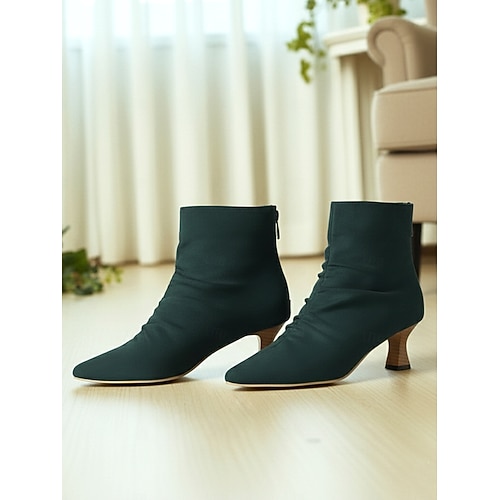 Schwarze Damenstiefeletten aus Kunstleder mit spitzer Spitze, gerüschtem Design und Kitten Heels – elegante Stiefeletten im Vintage-Stil für herbstliche Büro-Outfits und Abendgarderobe Image