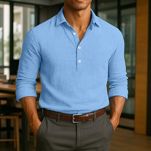 Herren Hemd Leinenhemd Sommerhemd Strandbekleidung Einfach Lässig Täglich Blau Schwarz Weiß Khaki Langarm Revers Frühling Sommer Sommer Bekleidung Rein Image