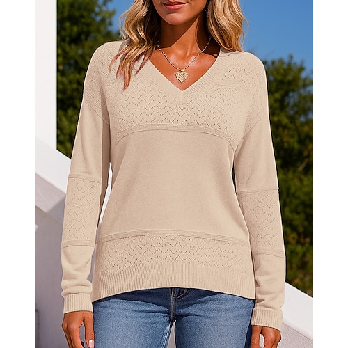 Damen Strickhemd Pullover Hohl Langarm Oberteil Athleisure Herbst V Ausschnitt Farbblock Mode Outdoor Reise Sport Sportbekleidung Sportkleidung Weinrot Schwarz Weiß Image