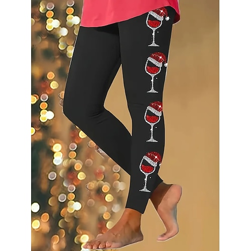 Weihnachten Damen Leggings Ferien Vintage Voll Längs Hohe Taille Hose Ugly Grafik Druck Thermo Warm Weich Atmungsaktiv Dehnbar Formal Outdoor Urlaub Schwarz Rot Sommer Frühling Herbst Schlank Fit Image