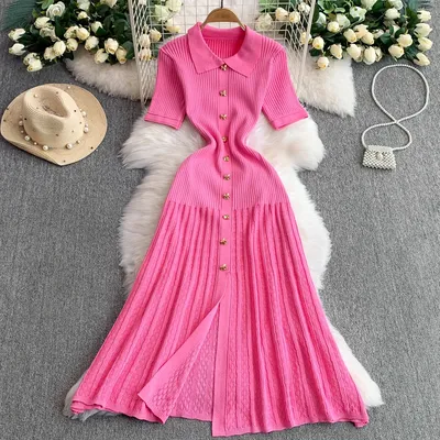 YuooMuoo Women Dress 2025 Early Autumn Elegant Patchwork Knitted Maxi Dress Brand Fashion Lady Shirt Sweater Dress Long Vestidos