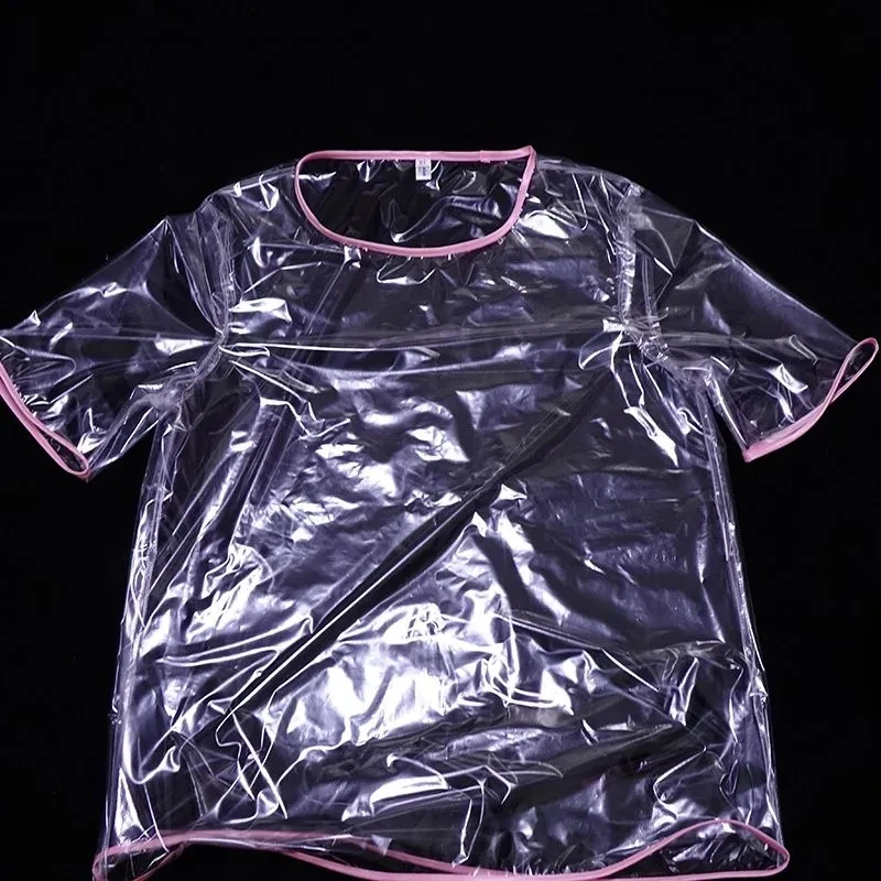 Mann Durchsichtig Klar Transparent PVC Rosa Sex Shirts Kurzarm Wasserdicht Bühne Show Kostüme Musik Festival Punk Motorrad