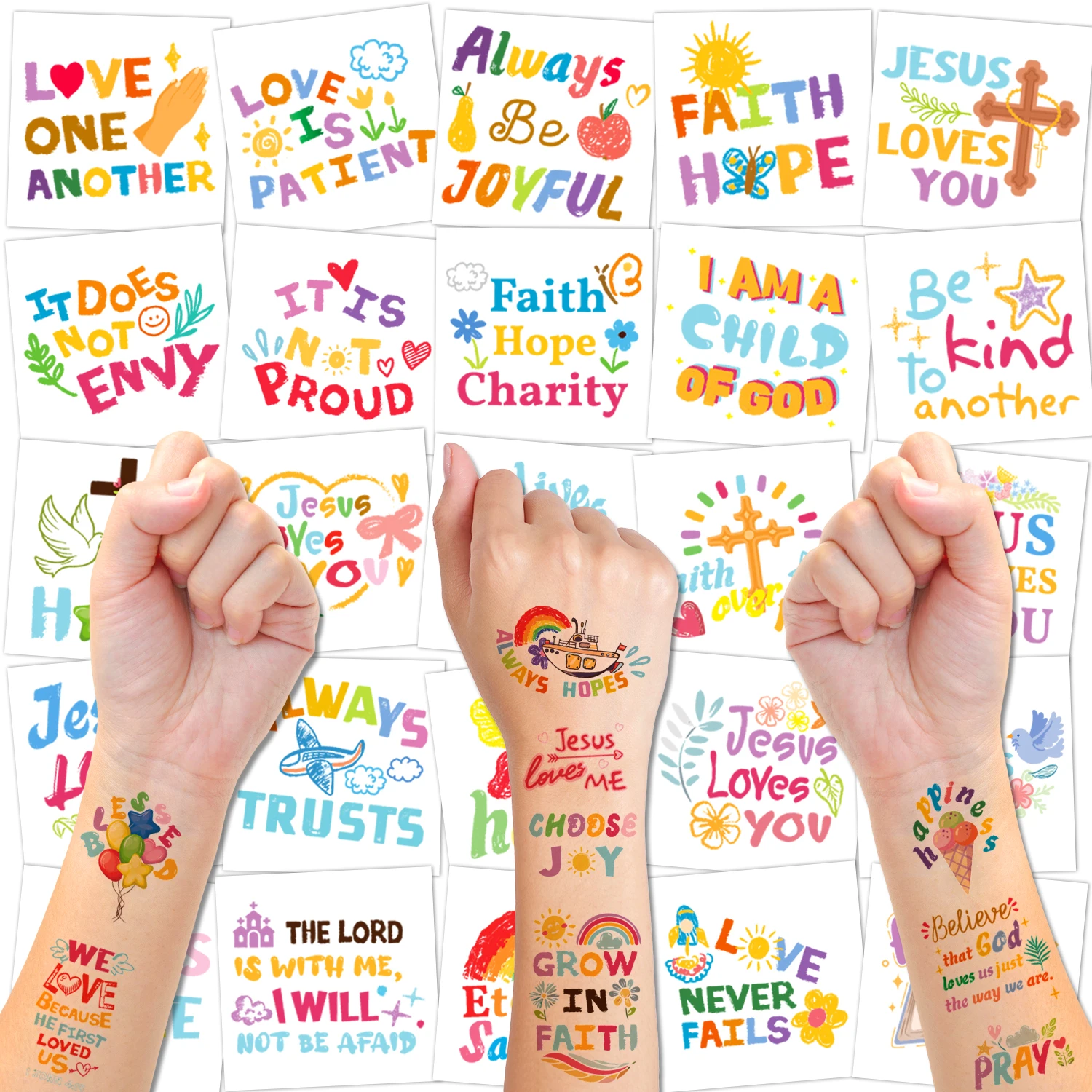 Religiöse temporäre Tattoos mit Bibelvers-Thema, die Kreuze und inspirierenden Sätze passen, sind für verschiedene Szenarien geeignet. Image