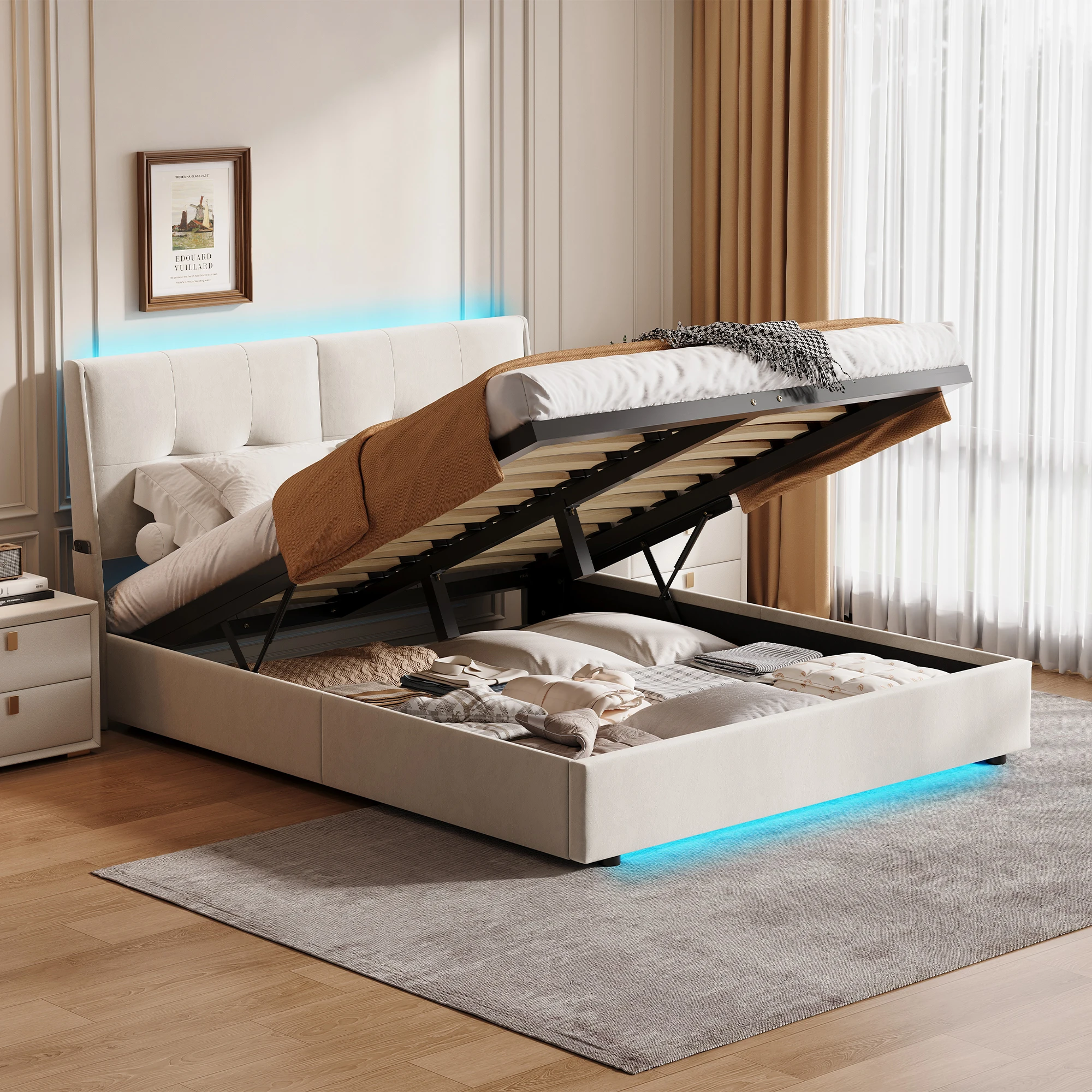 WoodenAura Polsterbett 140x200cm mit LED Beleuchtung,Doppelbett mit Stauraum und Lattenrost,LED-Kopfteil mit Staufach,Jugendbett