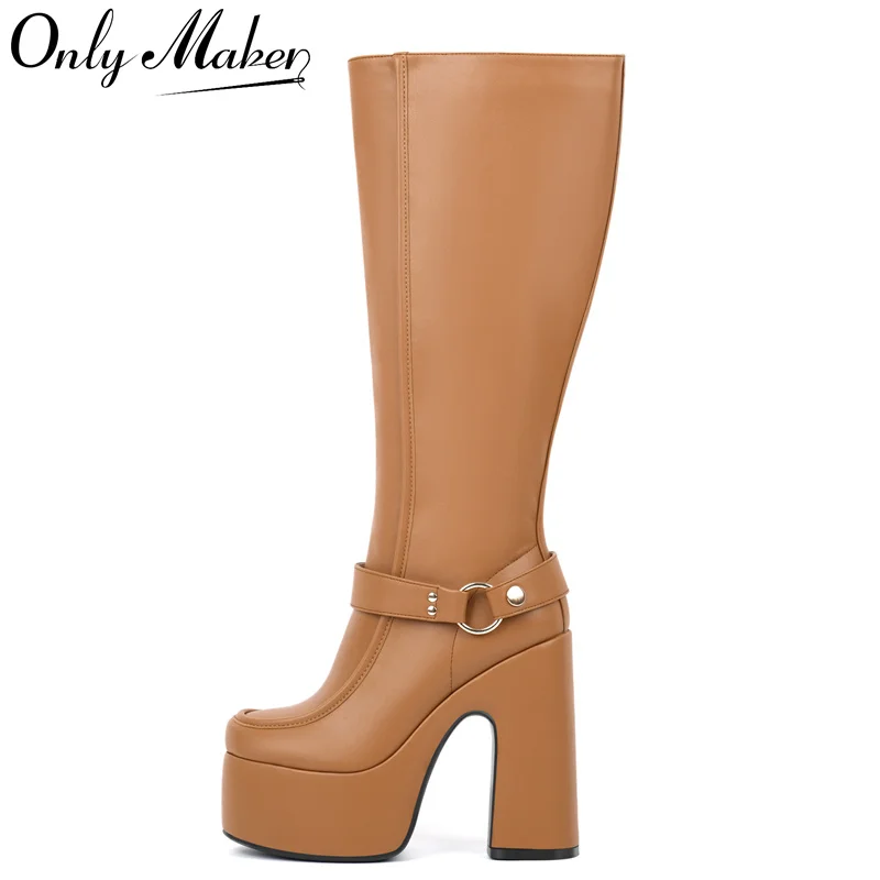 Onlymaker Damen-Kniehohe Stiefel mit runder Spitze und seitlichem Reißverschluss, modischer Blockabsatz, mittelhoher Stiefel, lange Punk-Stiefel