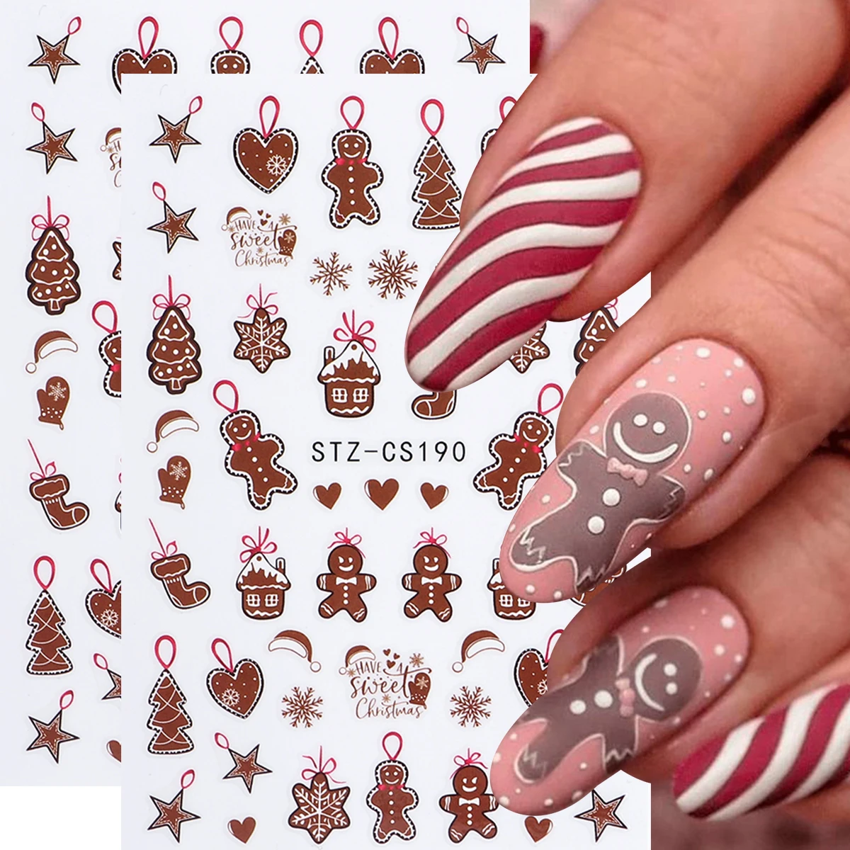 2 Stück Cartoon Weihnachten Nail Art Aufkleber Lebkuchenmann Socken Sterne Herzen Weihnachtsbaum Schneeflocken Selbstklebende Nagelaufkleber Image