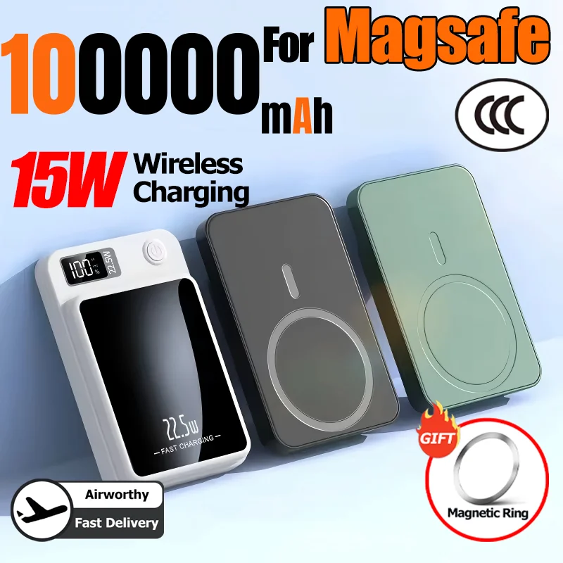 100000 Adattatore PowerBank per batteria esterna portatile a ricarica rapida con batteria magnetica wireless da 22,5 W mAh per iPhone Huawei Samsung