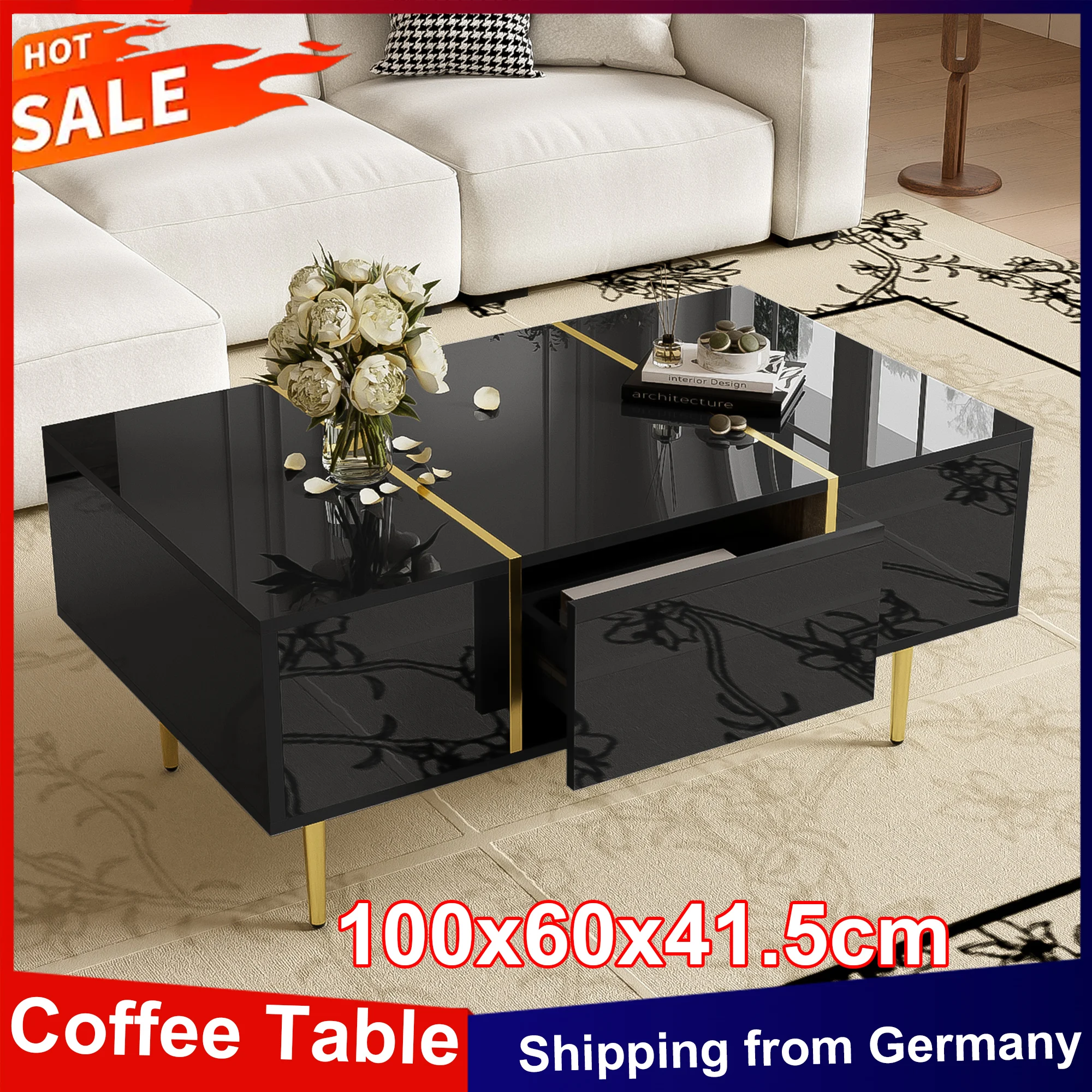 Anajqaqia Moderner Couchtisch 100 x 60 x 41,5 cm, mit 2 Schubladen, schwarzer Hochglanz, Beistelltisch mit goldenen Beinen und goldener Dekoration