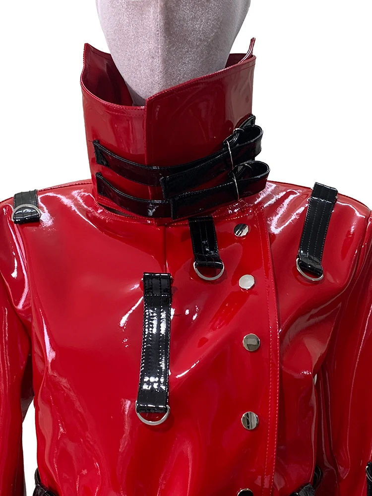 Nerazzurri Herbst Kurze Rot und Schwarz Patchwork Glänzende Reflektierende Pu Leder Jacke Frauen Luxus Designer Emo Streetwear Fashion