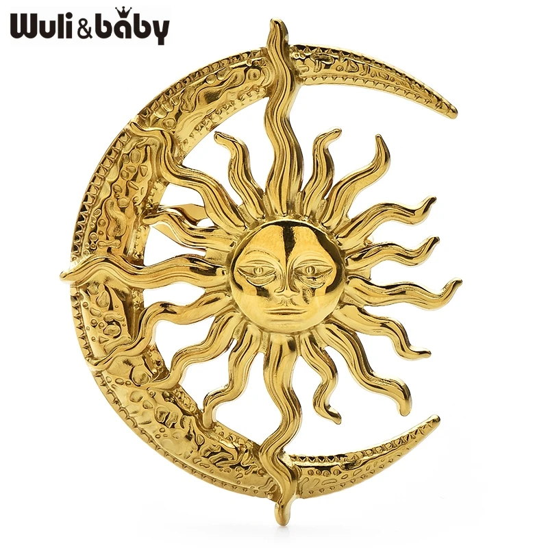 Wuli&baby Brosche aus Edelstahl, Sonne und Mond, elegant, kein Ausbleichen der Farbe, 25, Modeschmuck, Accessoire, Geschenk, vergoldetes Abzeichen Image
